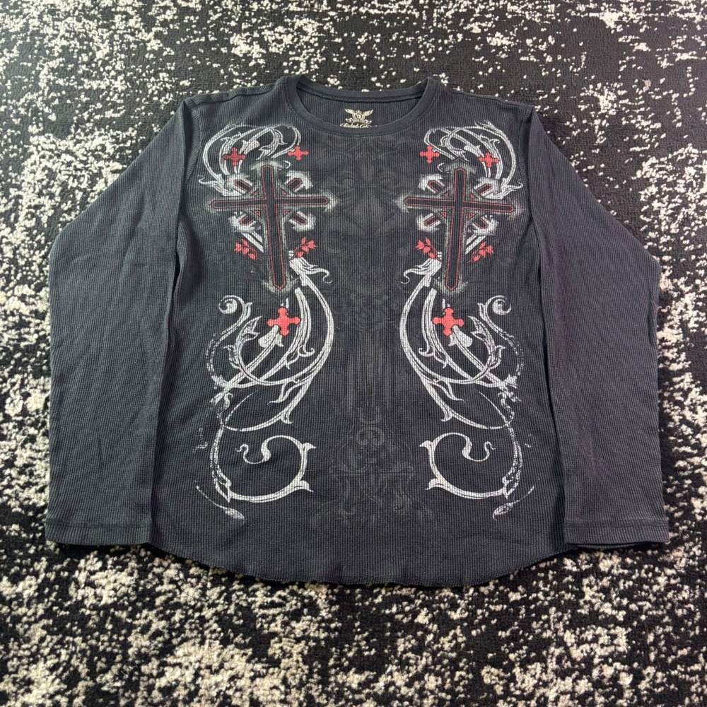 Faded Glory Y2K Emo Grunge Cross Graphic Thermal Long Sleeve Shirt Grey M
